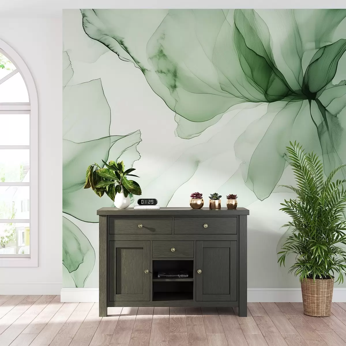 murales de pared Flores de estilo fluido, abstracción floral, acuarela, paleta de colores verdes  w03406