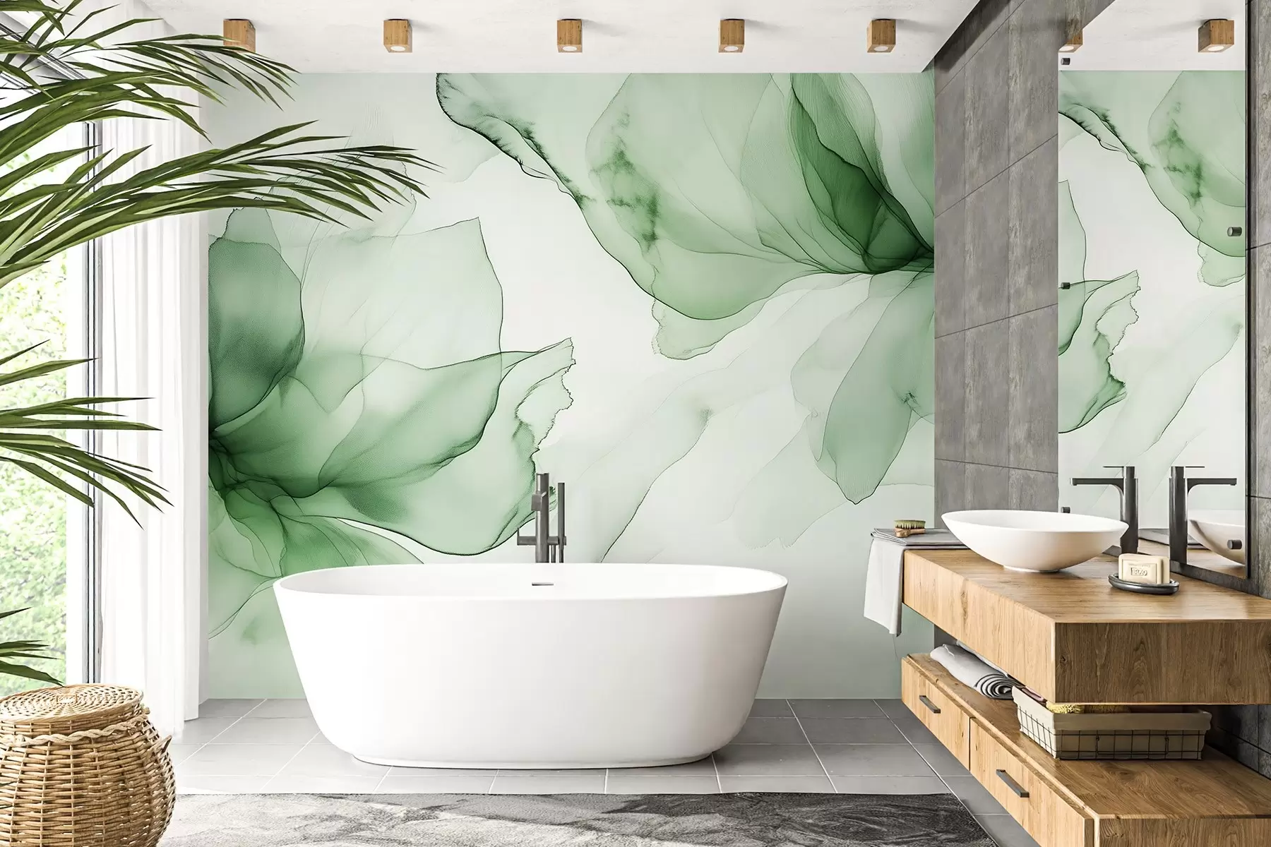 murales de pared Flores de estilo fluido, abstracción floral, acuarela, paleta de colores verdes  w03406