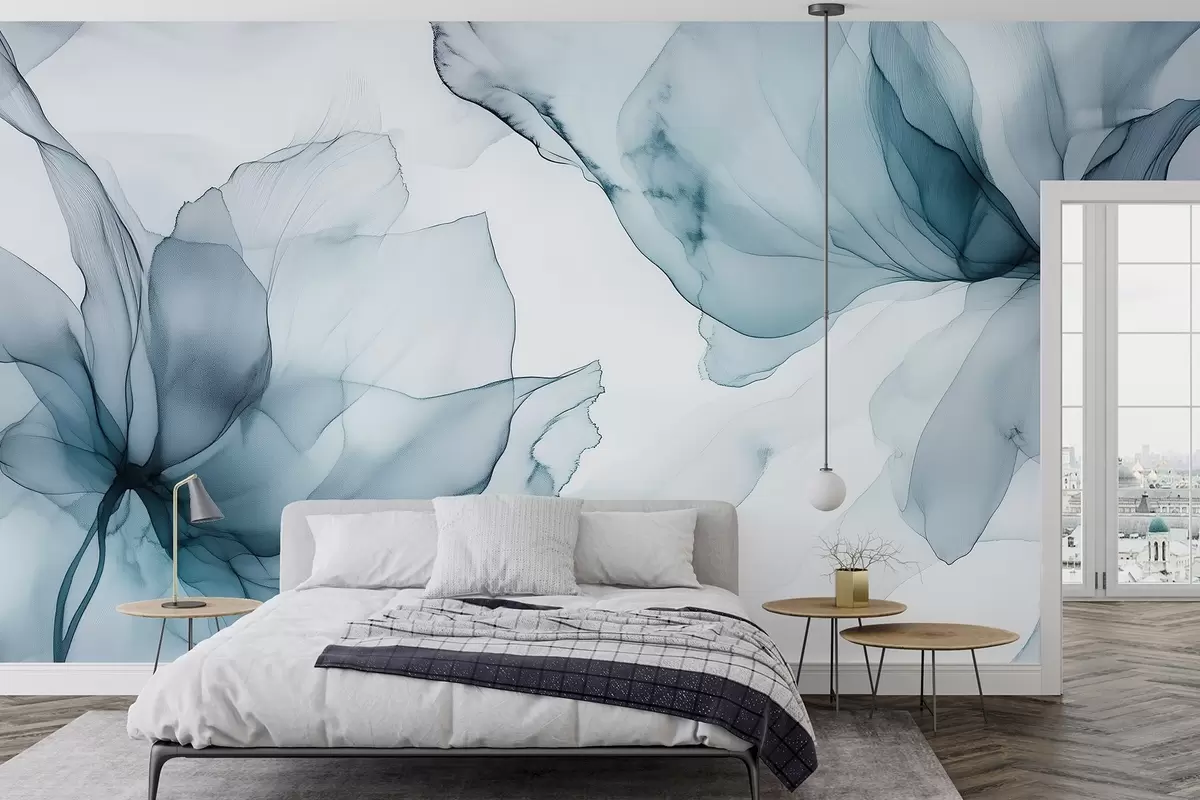 murales de pared Flores de estilo fluido, abstracción floral, acuarela, paleta de colores azules  w03406v2