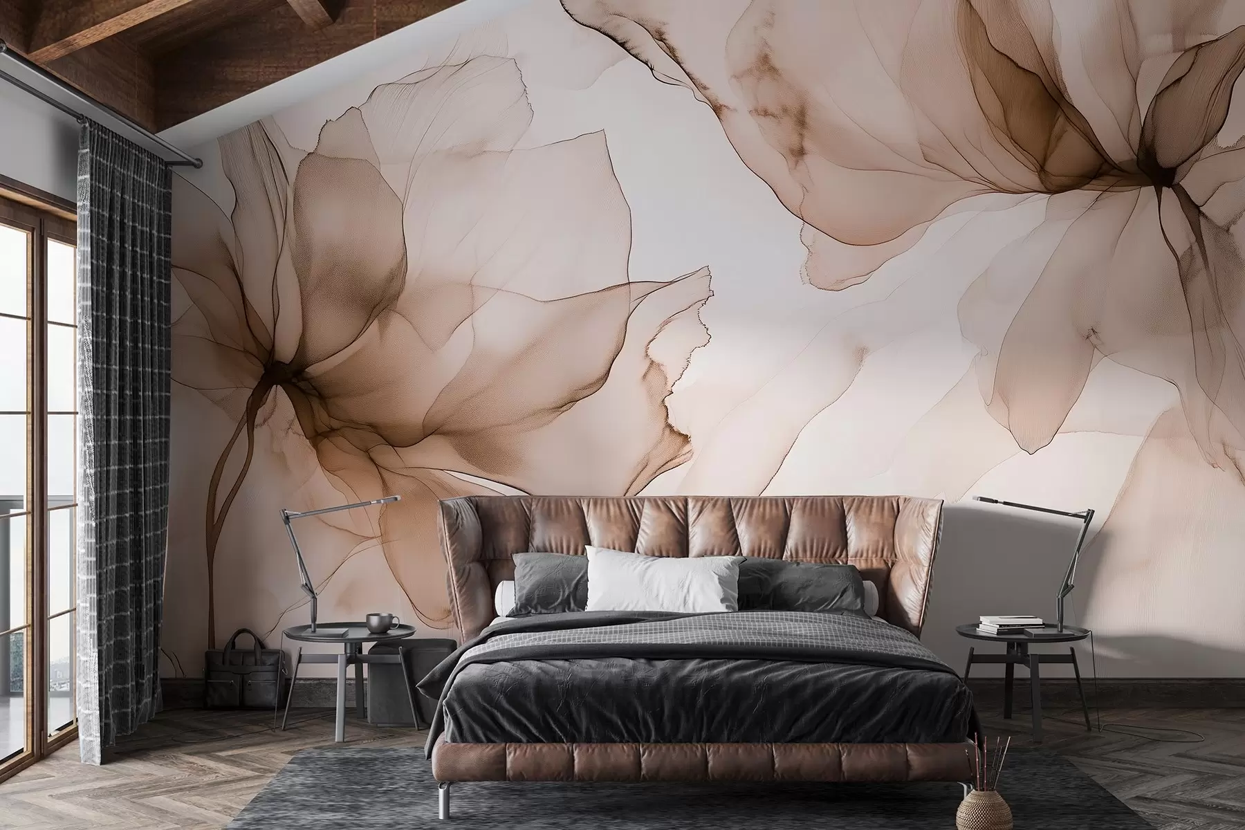 murales de pared Flores de estilo fluido, abstracción floral, acuarela, paleta de colores beige  w03406v3