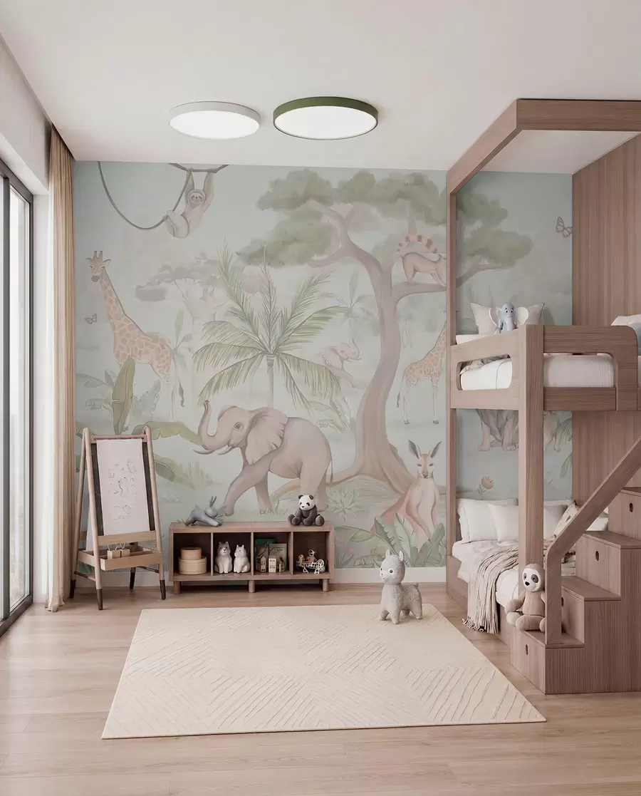 murales de pared Panorama de selva con animales en colores claros w03444v1