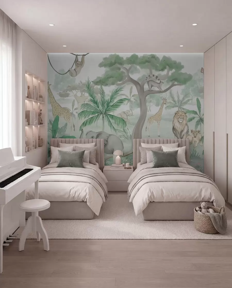 murales de pared Panorama de selva con animales en tonos verdes w03444v2