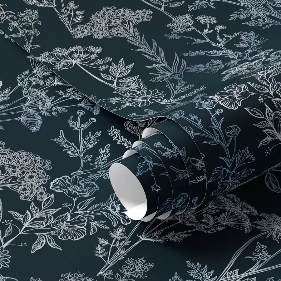 murales de pared Plantas blancas y azules sobre fondo oscuro a00029