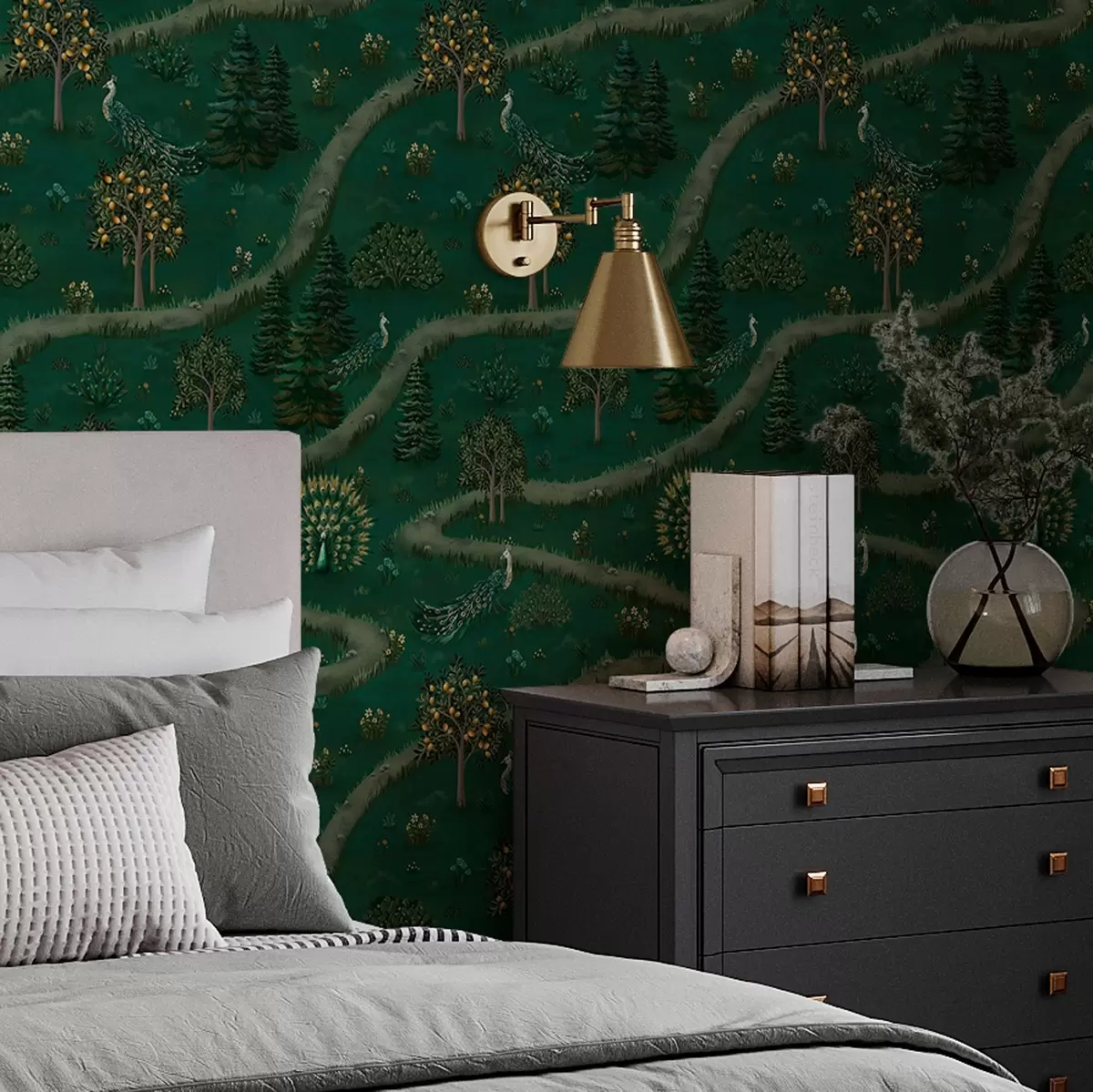 Papel pintado Sendero sinuoso con pavos reales y limoneros a00041