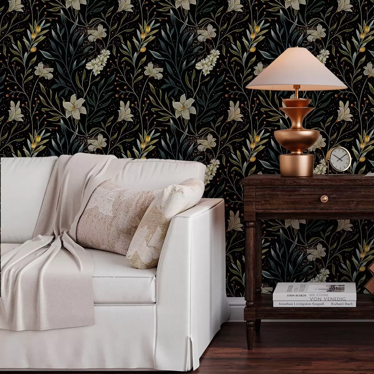 Papel pintado Composición de flores claras y hojas oscuras sobre fondo oscuro a00053