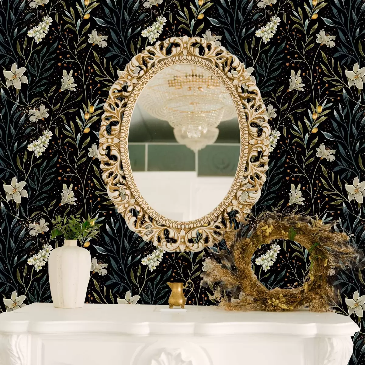 Papel pintado Composición de flores claras y hojas oscuras sobre fondo oscuro a00053