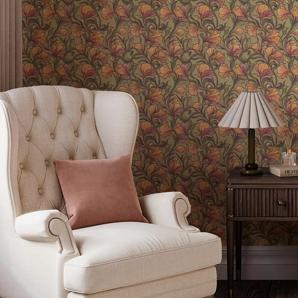 Papel pintado Tallos retorcidos brillantes con hojas y flores a00074