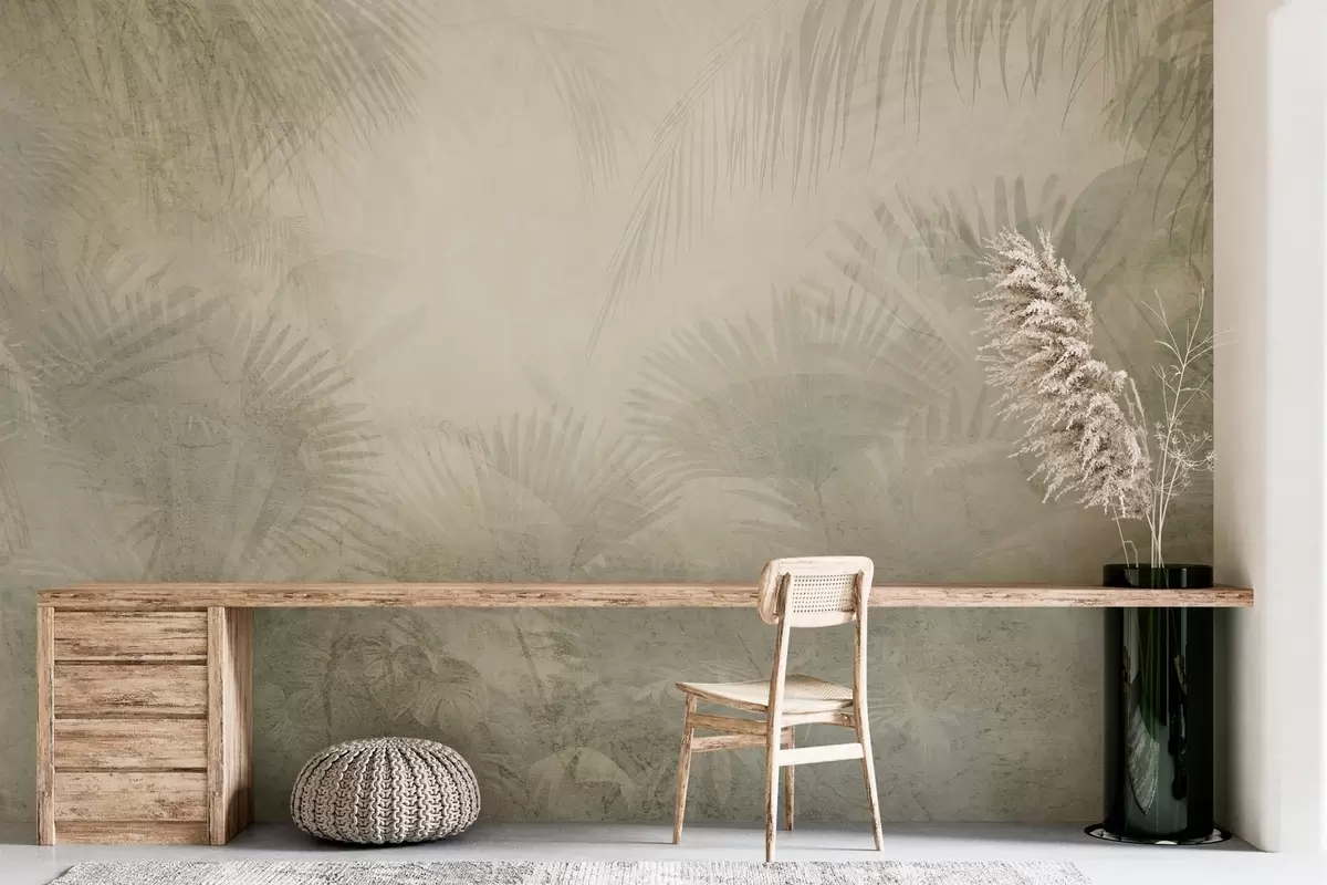 murales de pared Papel pintado retro tropical texturizado en tonos beige w03399