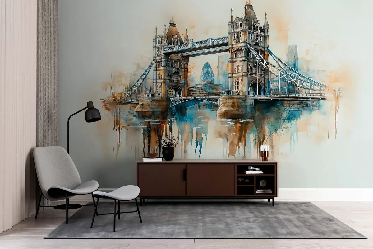 murales de pared El Puente de la Torre en técnica de acuarela w03396