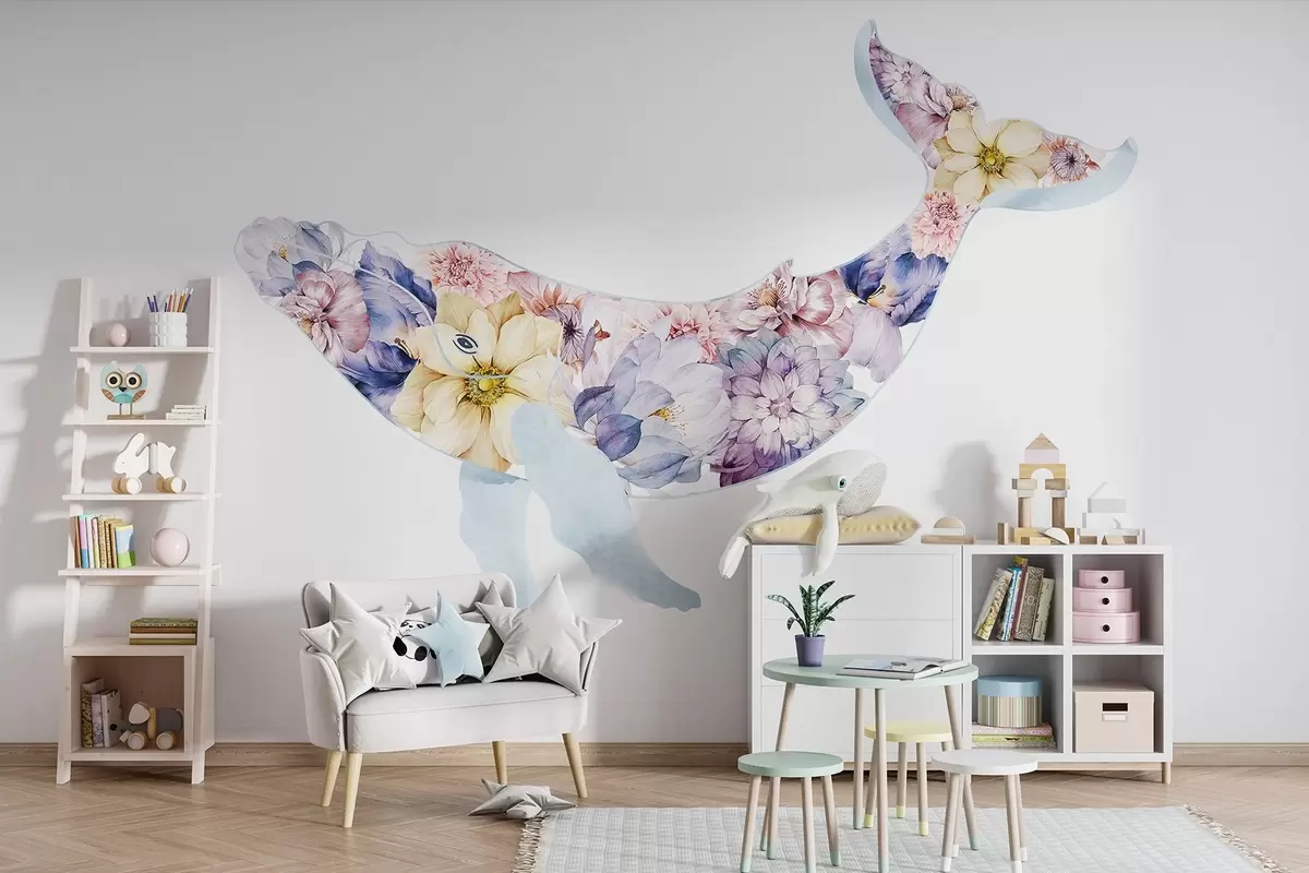 murales de pared Hermosa ballena con flores de acuarela, animales marinos, colorido w03445