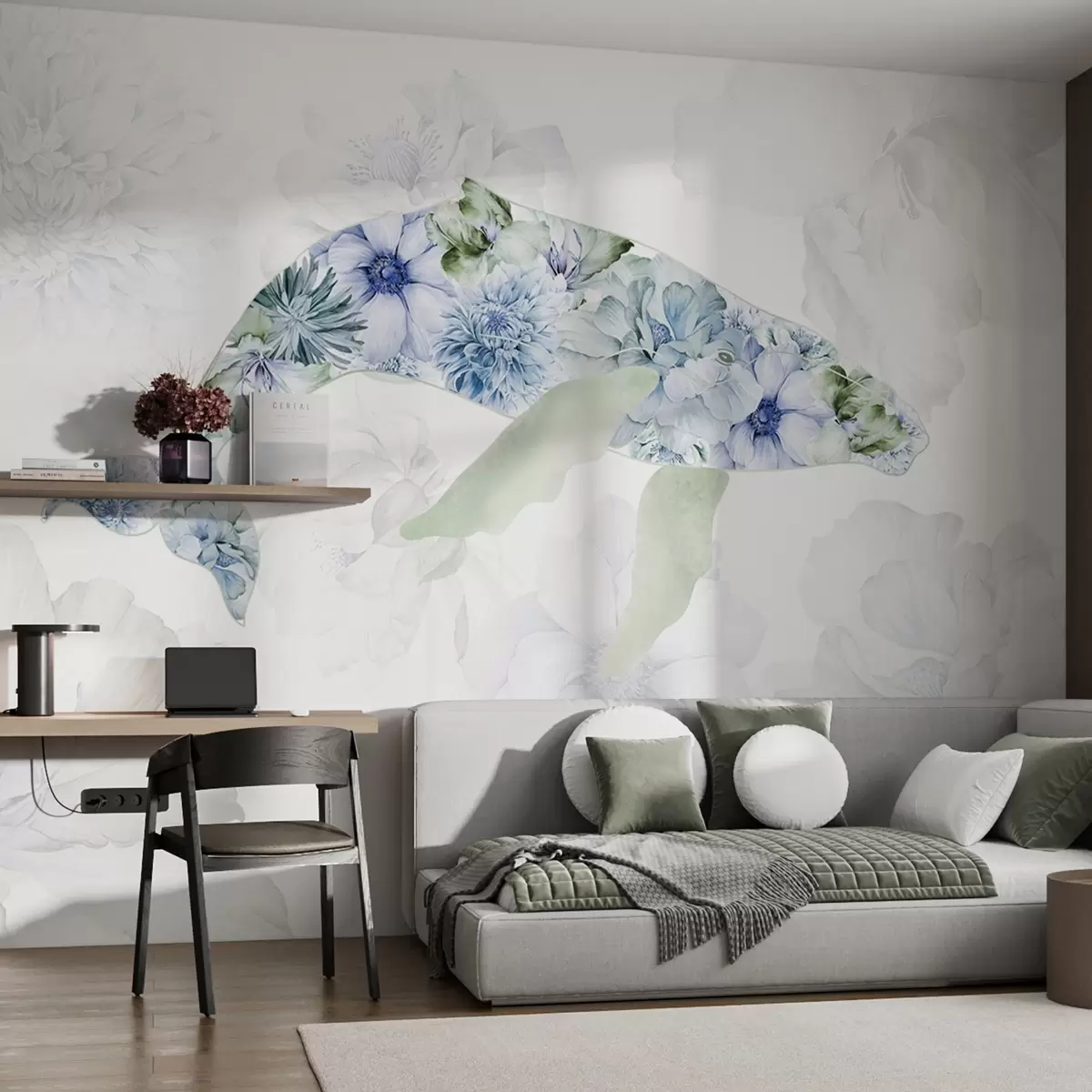 murales de pared Ballena con flores de acuarela, animales del océano, minimalismo, azul y verde w03446v2