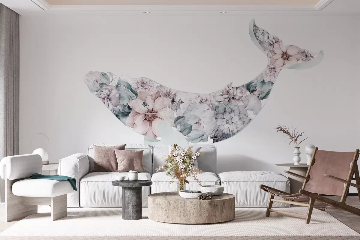 murales de pared Hermosa ballena con flores de acuarela, animales marinos w03445v1