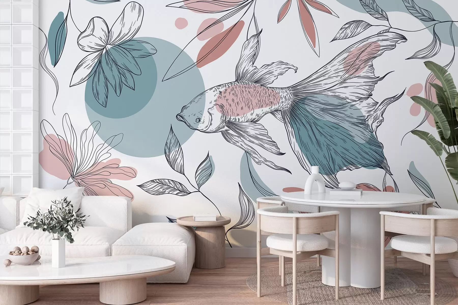 murales de pared Dibujo lineal pez con flores, minimalismo, marino, floral, azul y rosa w03448v1