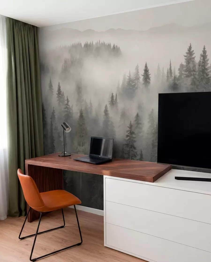 murales de pared Bosque de coníferas brumoso w03524