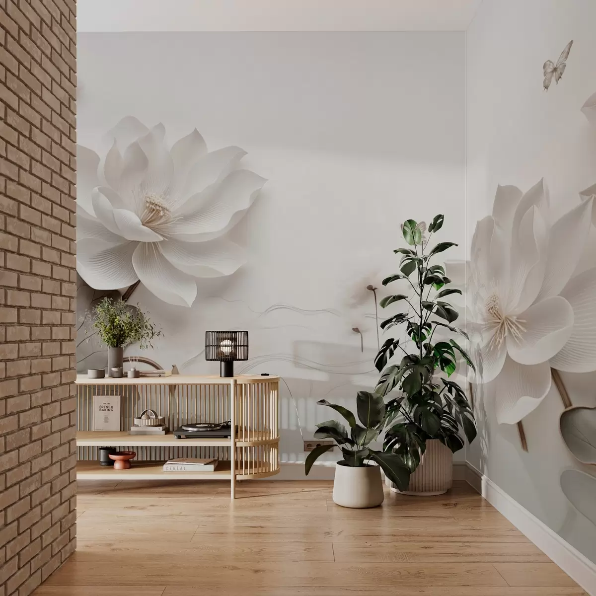 murales de pared Flores de loto con mariposas sobre el agua w03523