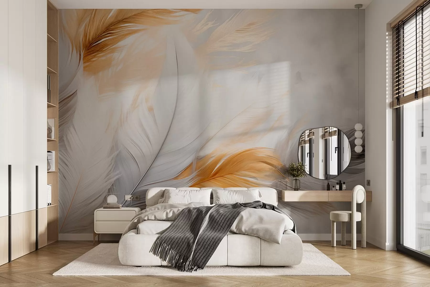 murales de pared Plumas grises y amarillas sobre fondo gris w08937