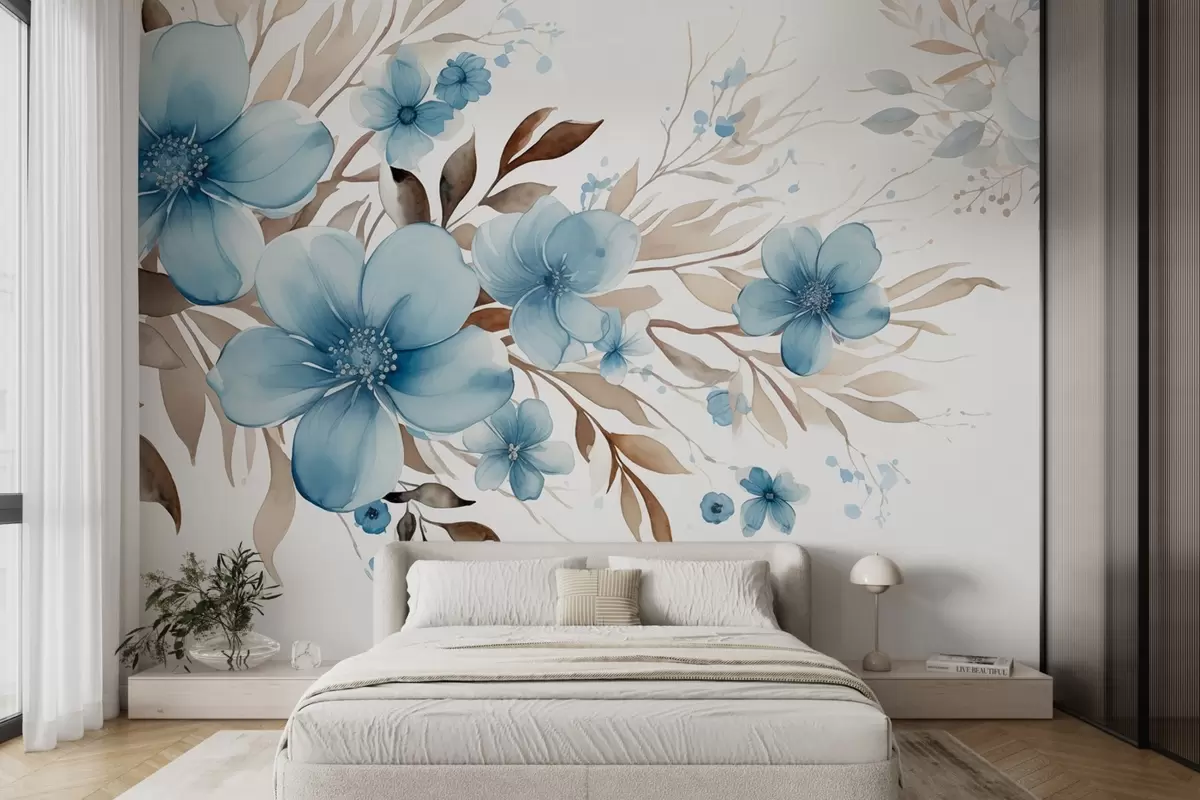 murales de pared Composición floral con flores azules y hojas marrones w08934