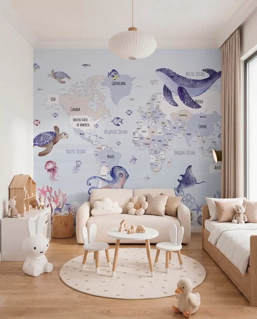 murales de pared Mundo submarino con mapamundi w03526v1