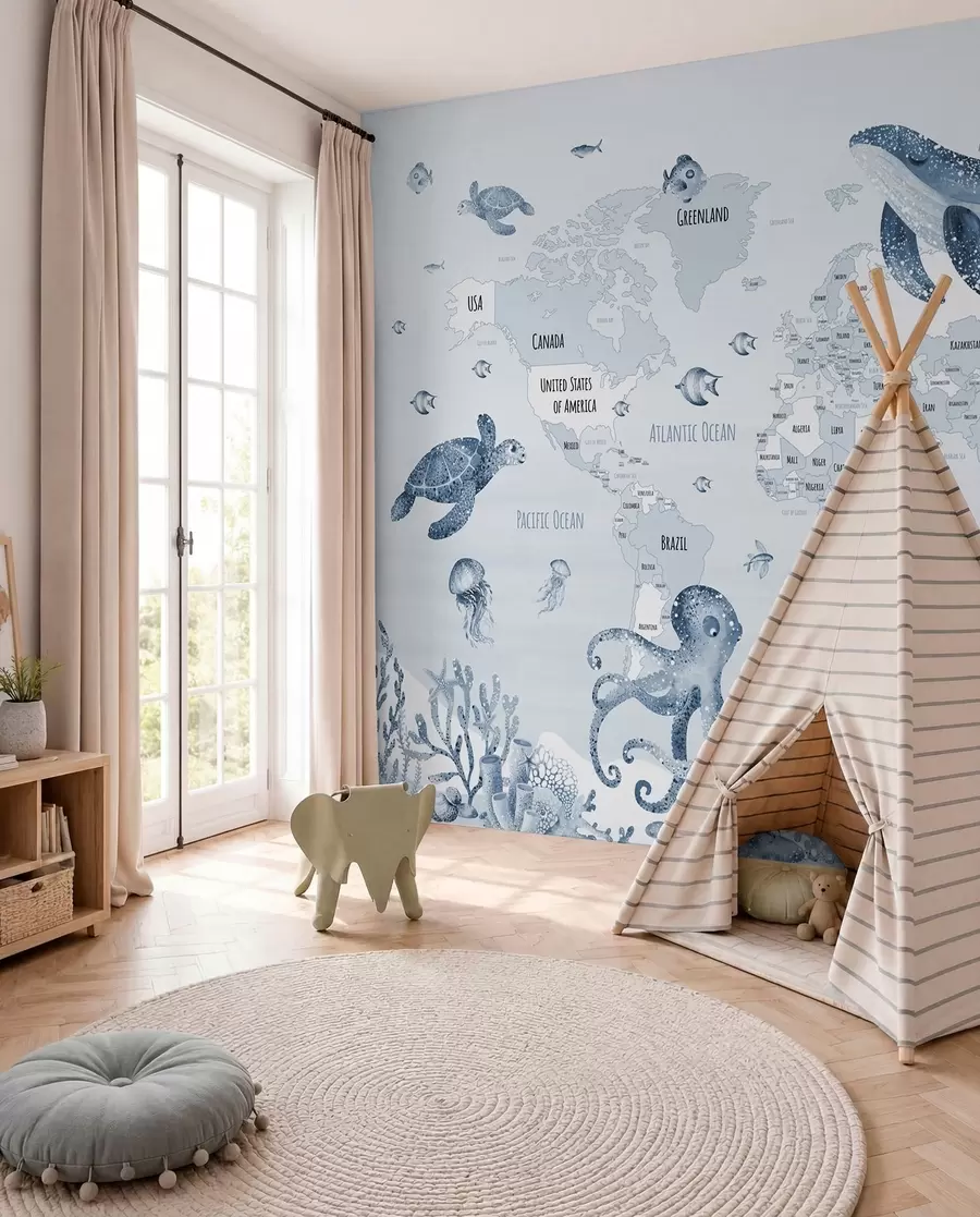 murales de pared Mundo submarino con mapamundi w03526v3