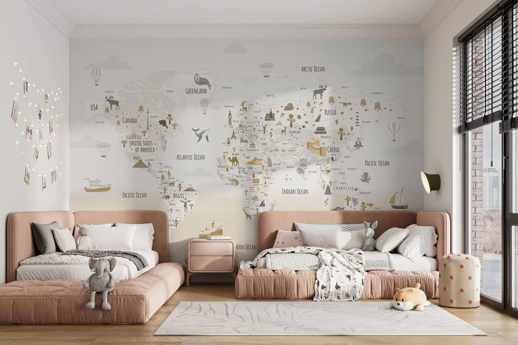 murales de pared Mapamundi con animales y puntos de referencia w03410v1