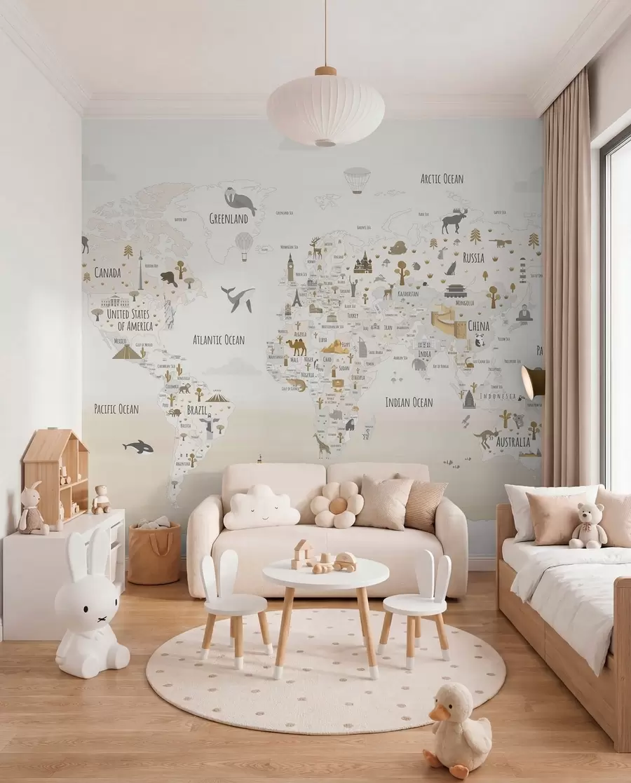 murales de pared Mapamundi con animales y puntos de referencia w03410v1