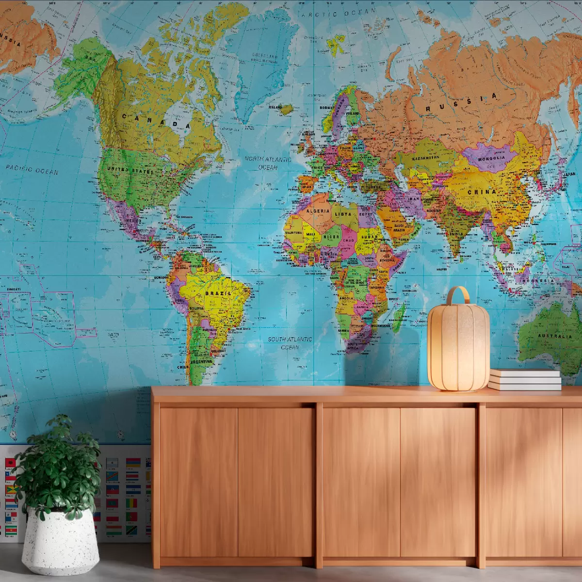 murales de pared Mapa del mundo con banderas de países u60137