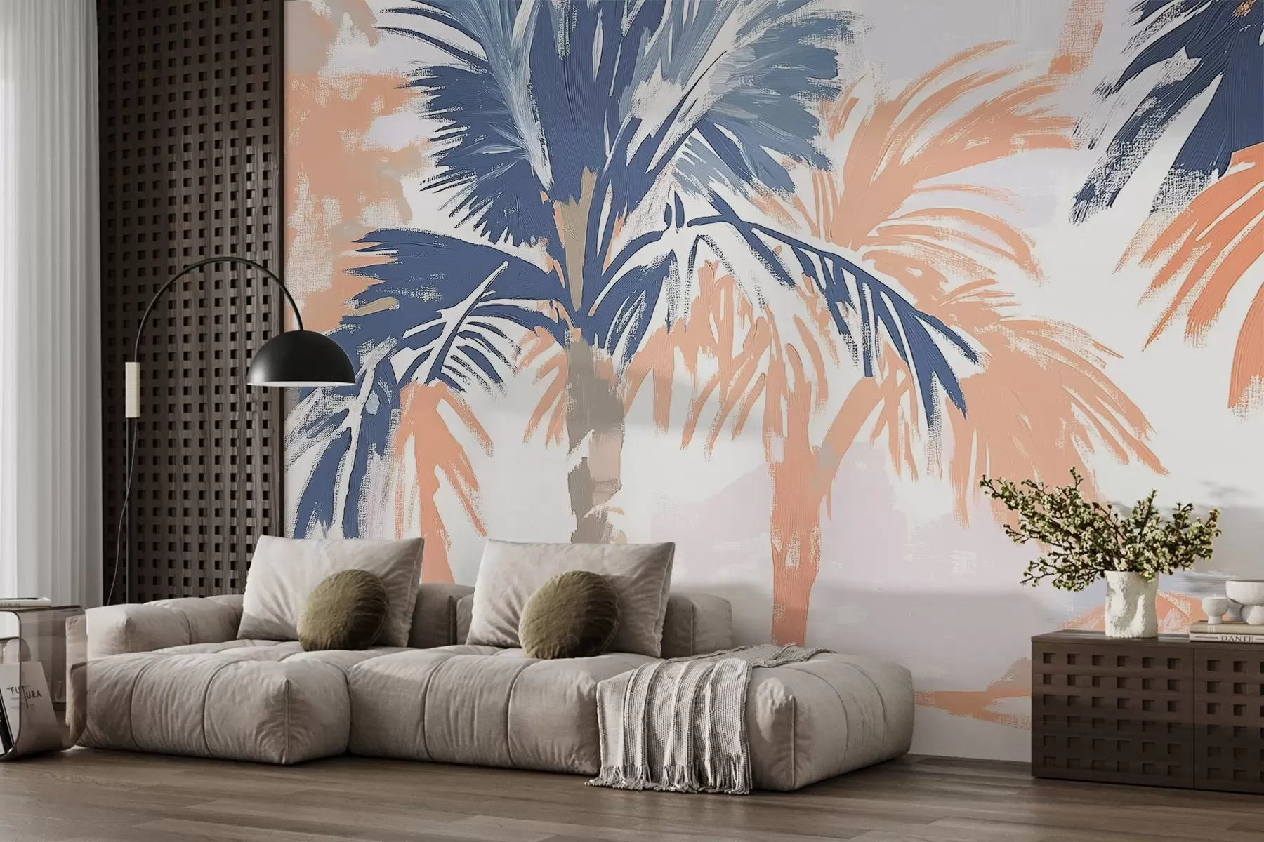 murales de pared Palmeras abstractas en azul y beige w03580