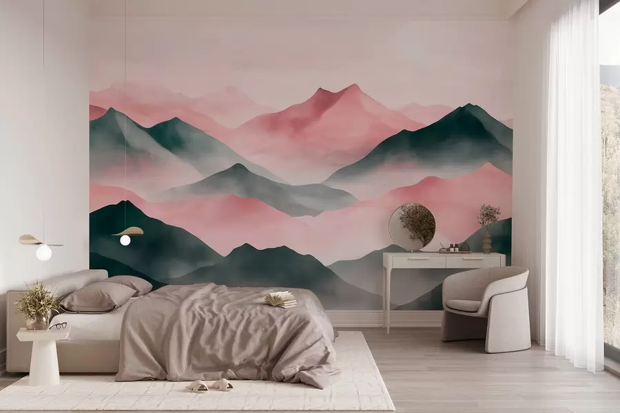 murales de pared Paisajes de montaña, estilo acuarela, niebla, rosa y gris w03548v1