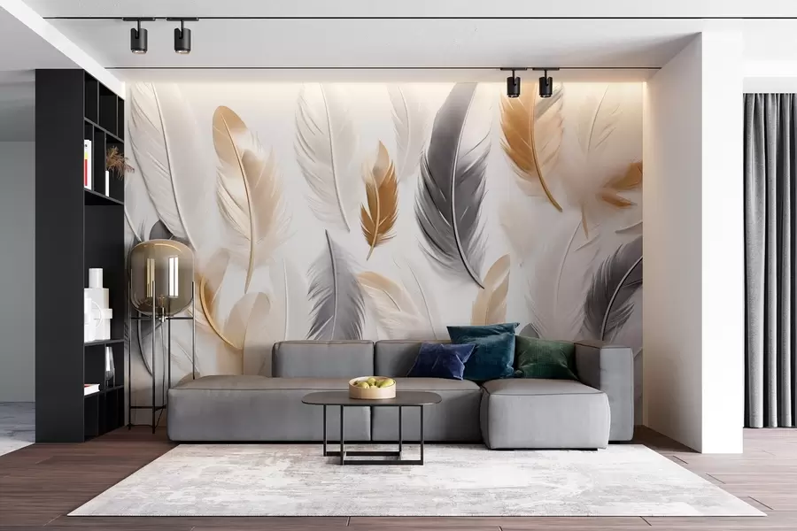 murales de pared Plumas beige-gris en tonos suaves y tranquilos w08955
