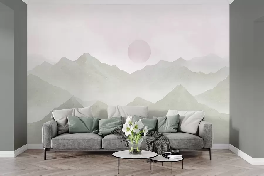 murales de pared Paisaje de montaña estilo boho, puesta de sol, pastel suave, verde w03547