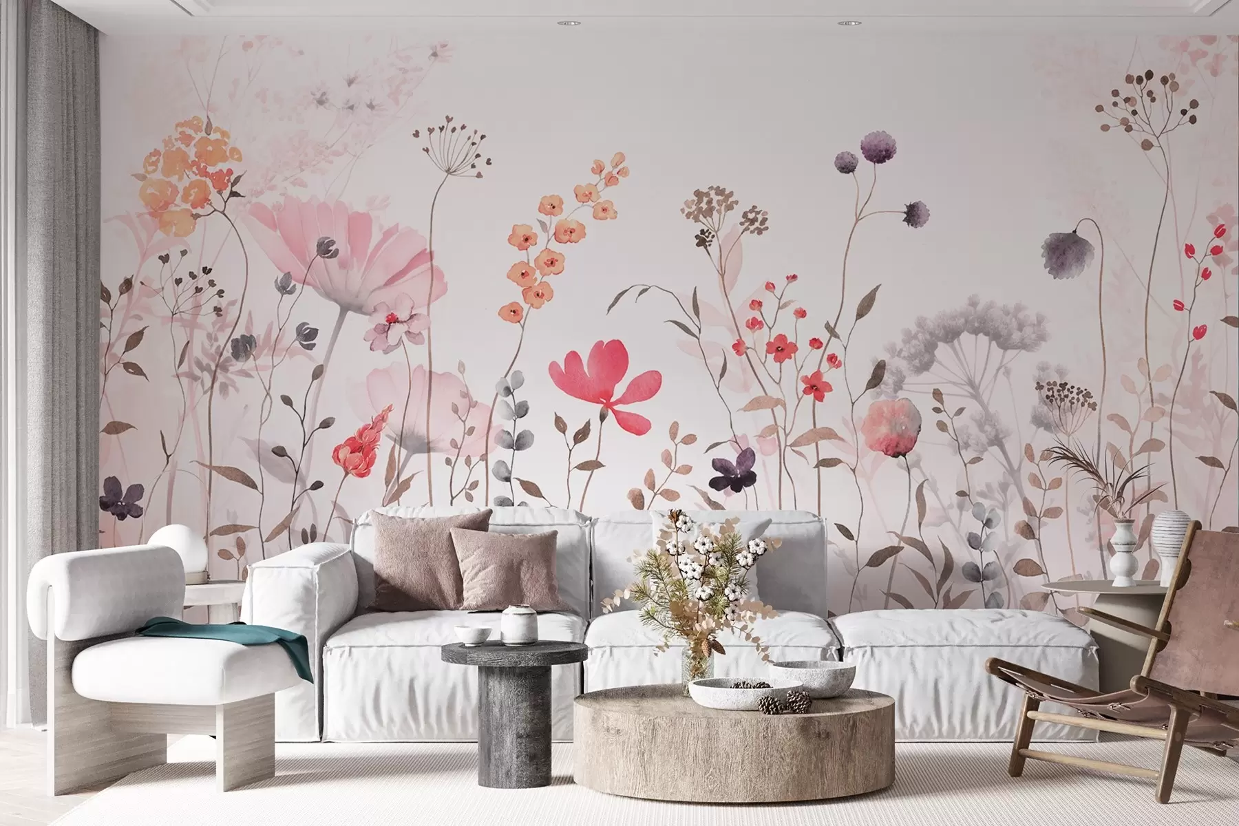 murales de pared Flores silvestres estilo acuarela con amapolas, crisantemos, dientes de león y hierba w08956