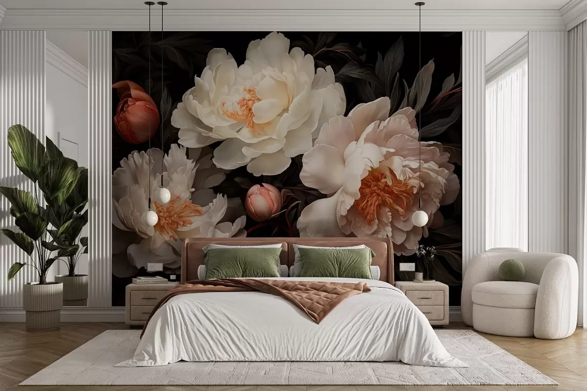 murales de pared Grandes peonías blancas con capullos rojos sobre fondo oscuro w08965