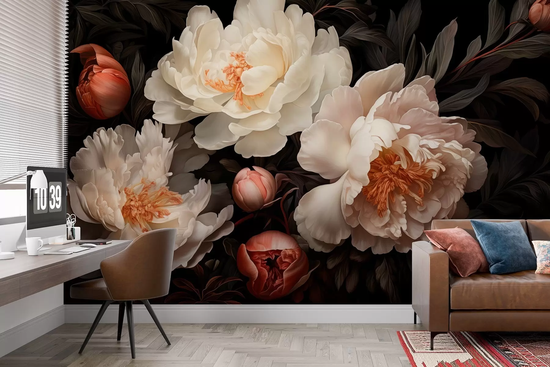 murales de pared Grandes peonías blancas con capullos rojos sobre fondo oscuro w08965