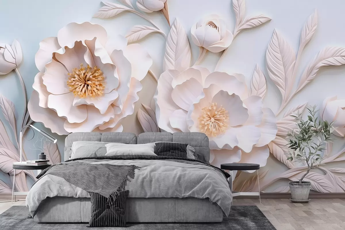 murales de pared peonías en relieve 3D al fresco con acento amarillo w08967