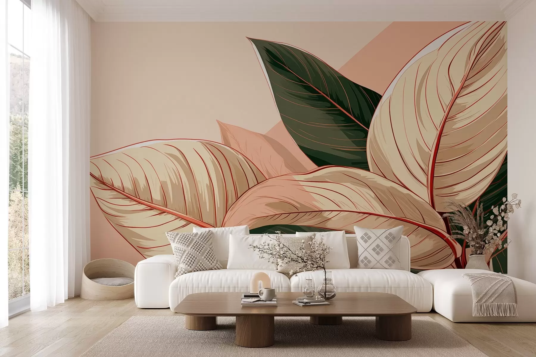 murales de pared Hojas tropicales grandes verde-beige con un fragmento rosa w08970