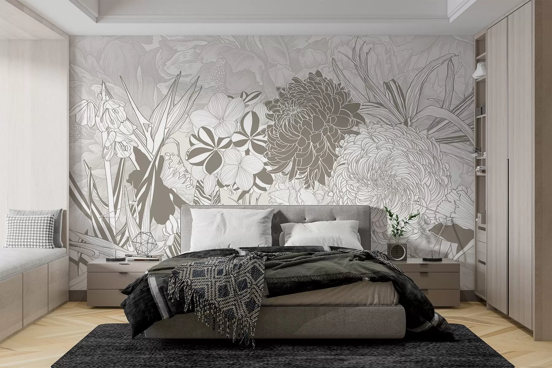murales de pared Flores y hojas en tonos beige, incluidos crisantemos, plumeria y follaje tropical, diseño botánico w08976