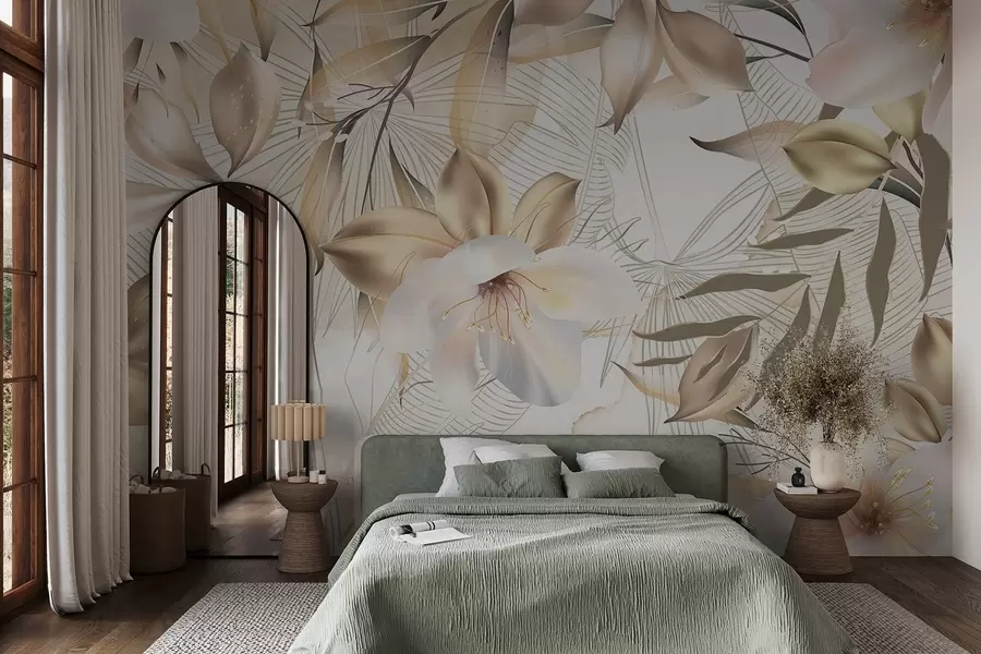 murales de pared Flores y hojas de jazmín, colores suaves, ilustración botánica, fondo floral , diseño elegante, pétalos delicados w08977