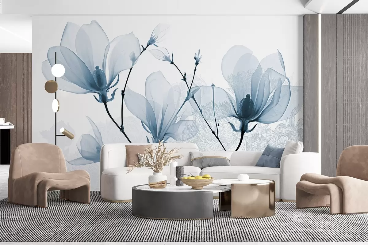 murales de pared Flores de magnolia azul translúcido con siluetas de flores de delicados pétalos y tallos oscuros w08978