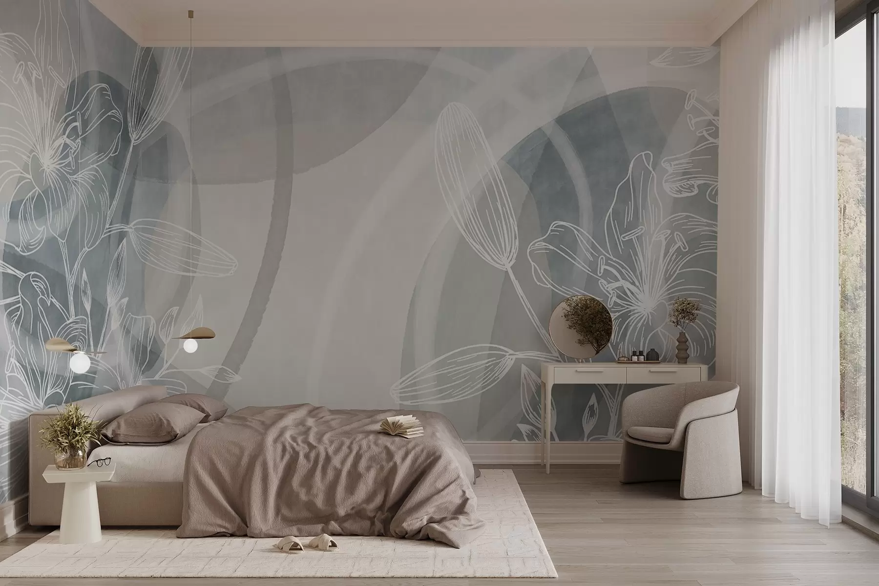 murales de pared Diseño floral minimalista con flores y hojas blancas, círculos abstractos superpuestos en tonos grises y azules w08979