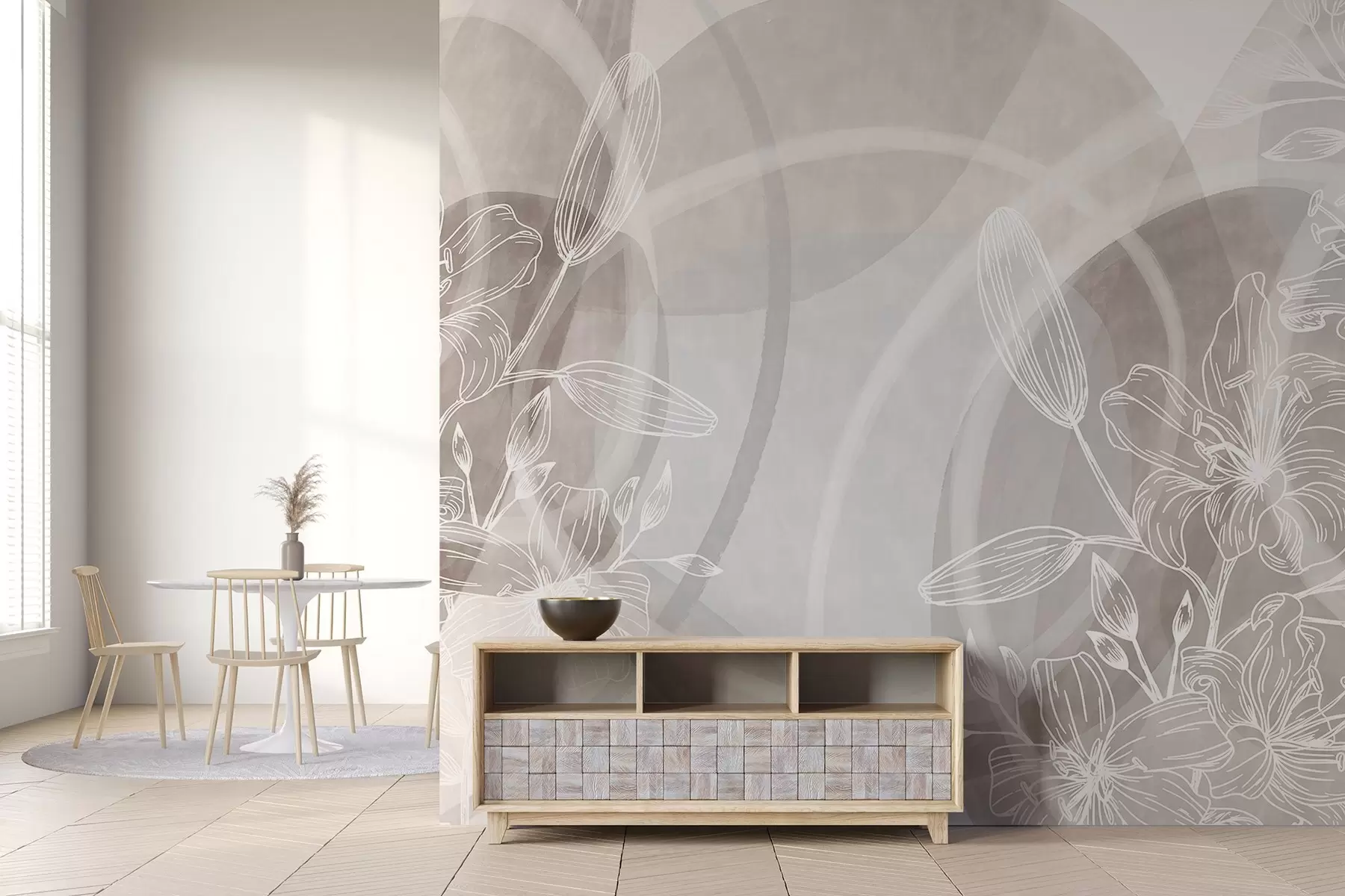 murales de pared Diseño floral minimalista con flores y hojas blancas, círculos abstractos superpuestos en tonos beige y azul w08979v1