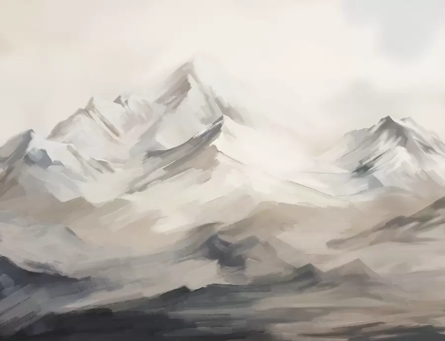 murales de pared Paisaje de montañas con cielo claro, pinceladas, colores neutros beige y gris, cordillera w08980