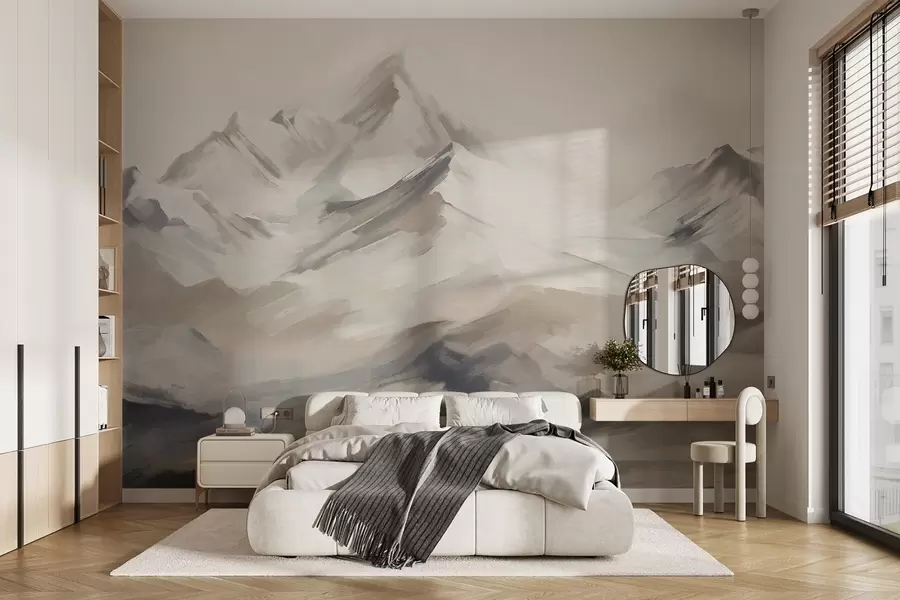 murales de pared Paisaje de montañas con cielo claro, pinceladas, colores neutros beige y gris, cordillera w08980