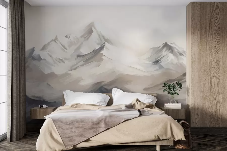 murales de pared Paisaje de montañas con cielo claro, pinceladas, colores neutros beige y gris, cordillera w08980