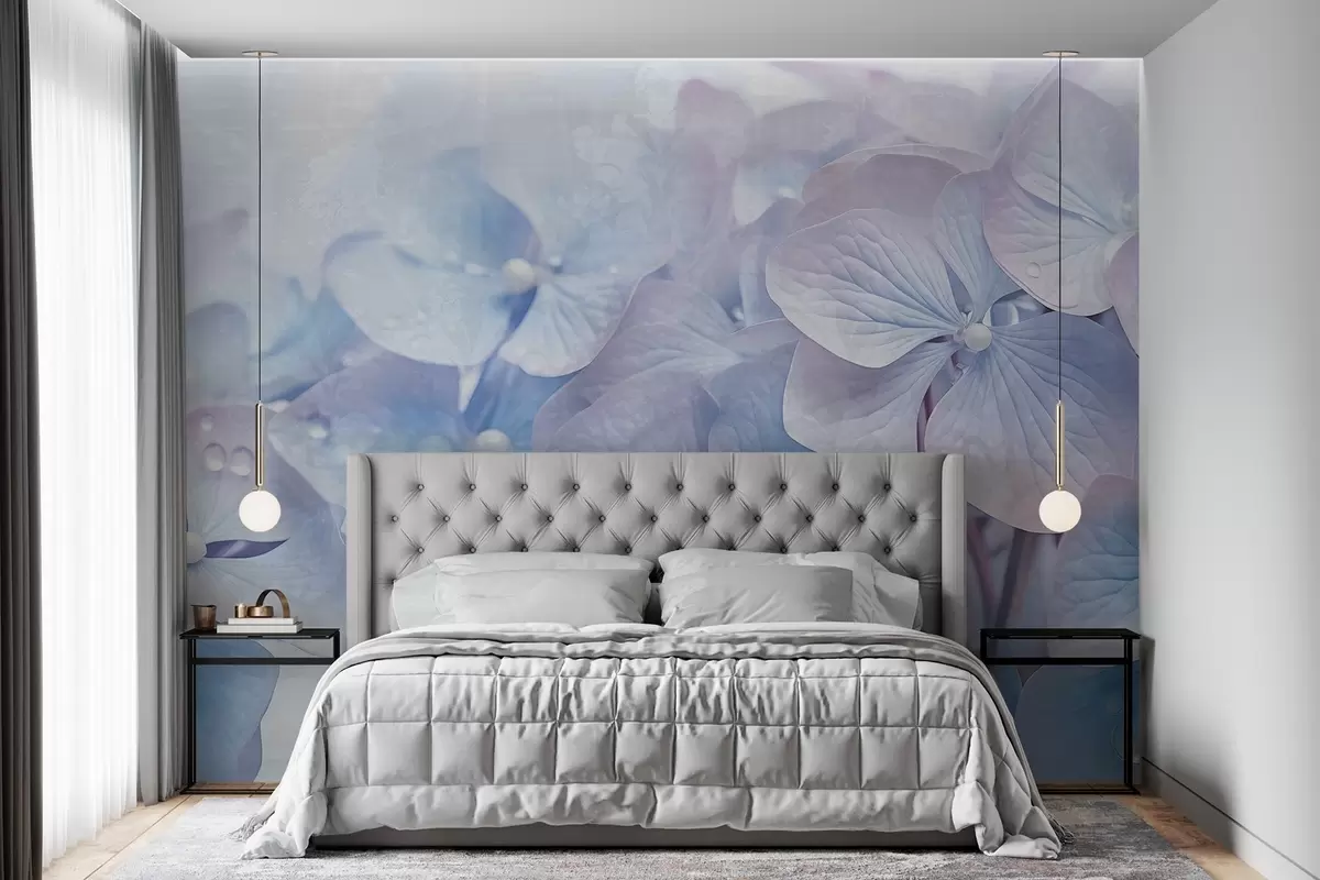 murales de pared Flores de hortensia azul y rosa con textura vintage y gotas de agua en los pétalos, fondo rosa difuminado w08981