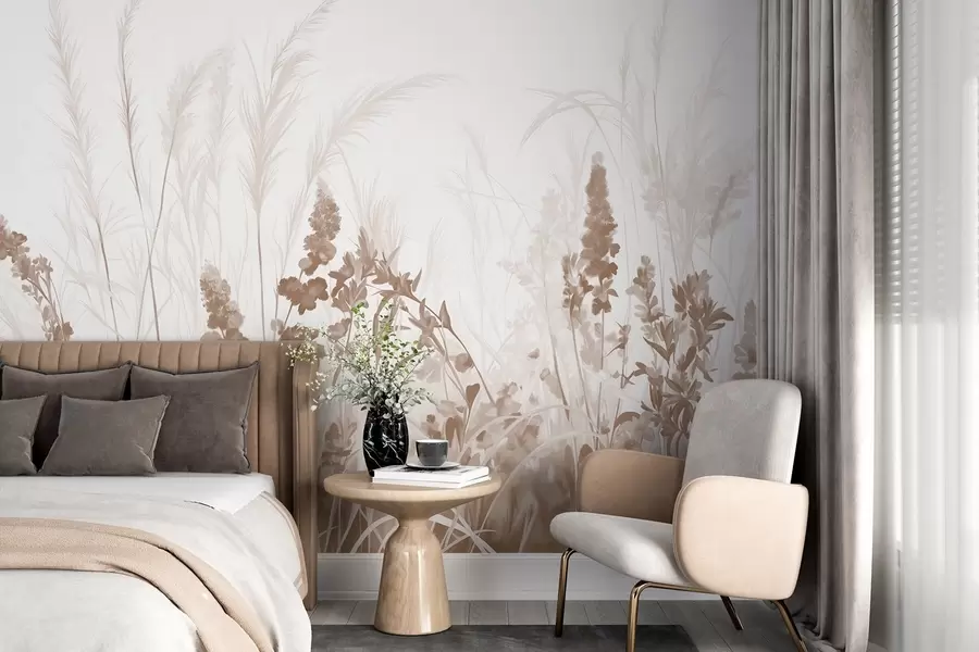 murales de pared Flores marrones y juncos beige en un campo, textura de pintura minimalista, fondo claro, colores suaves, pinceladas delicadas w08982v1