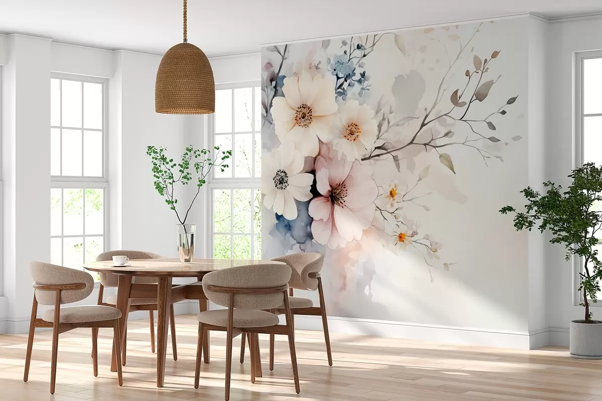 murales de pared delicadas flores y una rama en estilo acuarela w03400