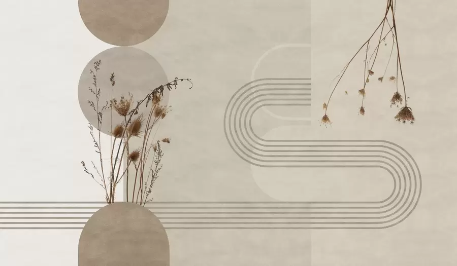 murales de pared geometría elegante y flores secas en tonos beige w03449