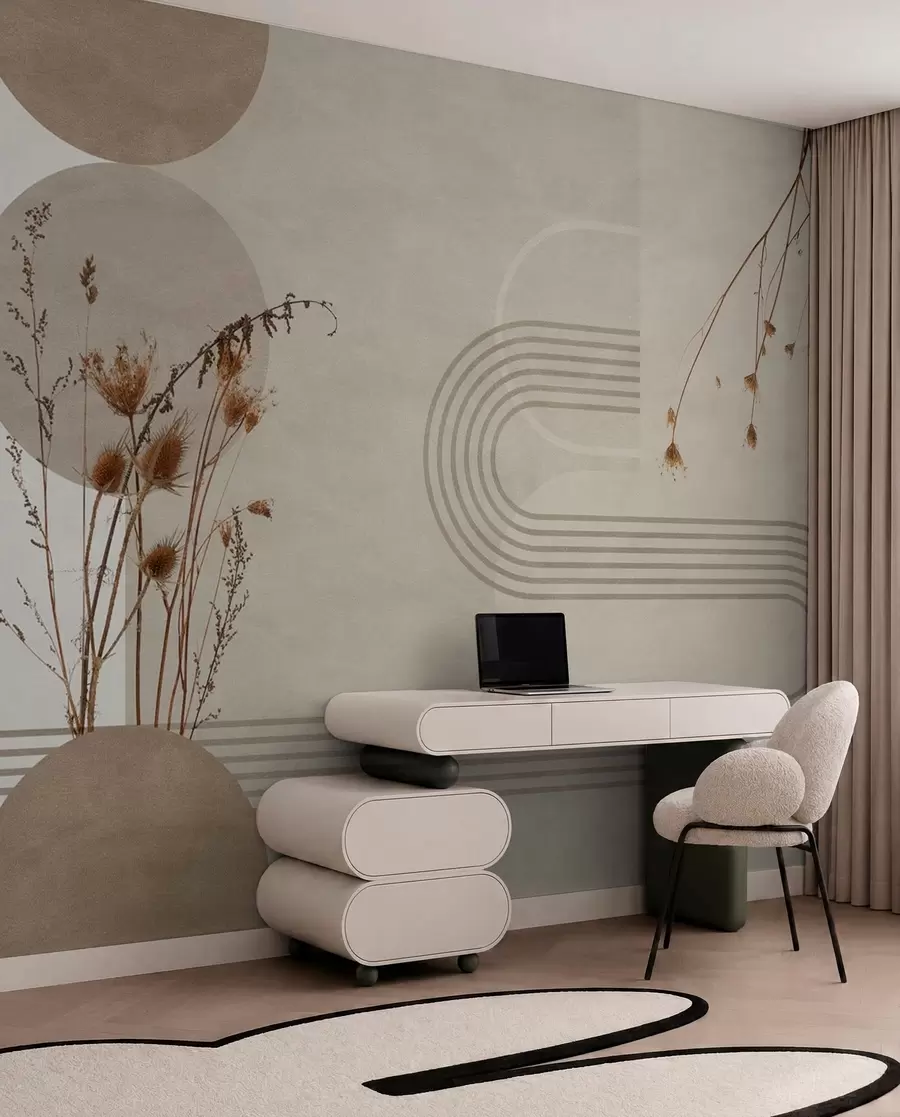 murales de pared geometría elegante y flores secas en tonos beige w03449