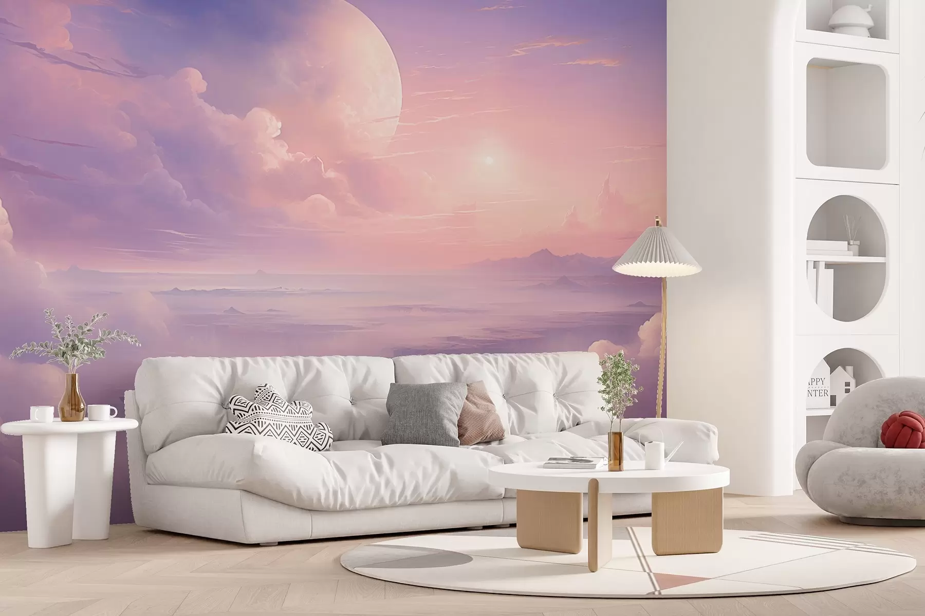 murales de pared Cielo mágico rosa púrpura con la luna y las nubes w08986
