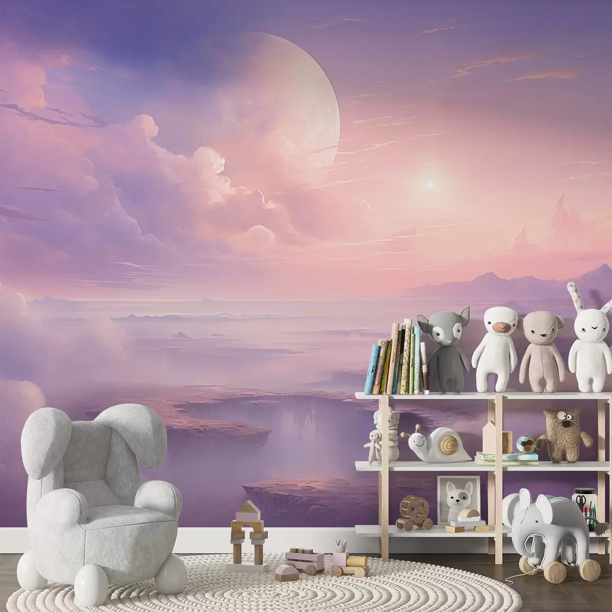murales de pared Luna sobre nubes lilas w08986
